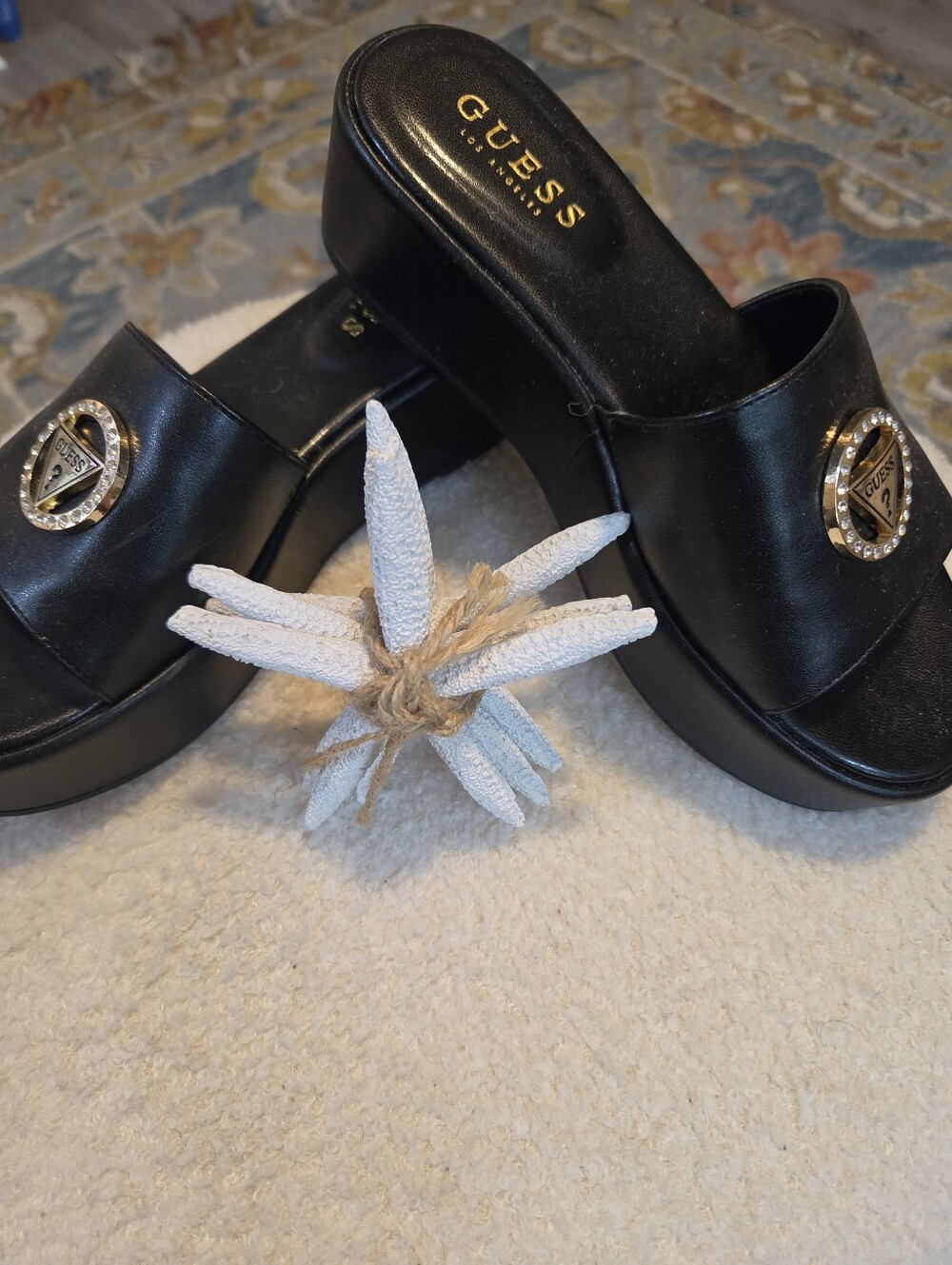 Guess Black Platform Slide Mules with Gold-Tone Logo